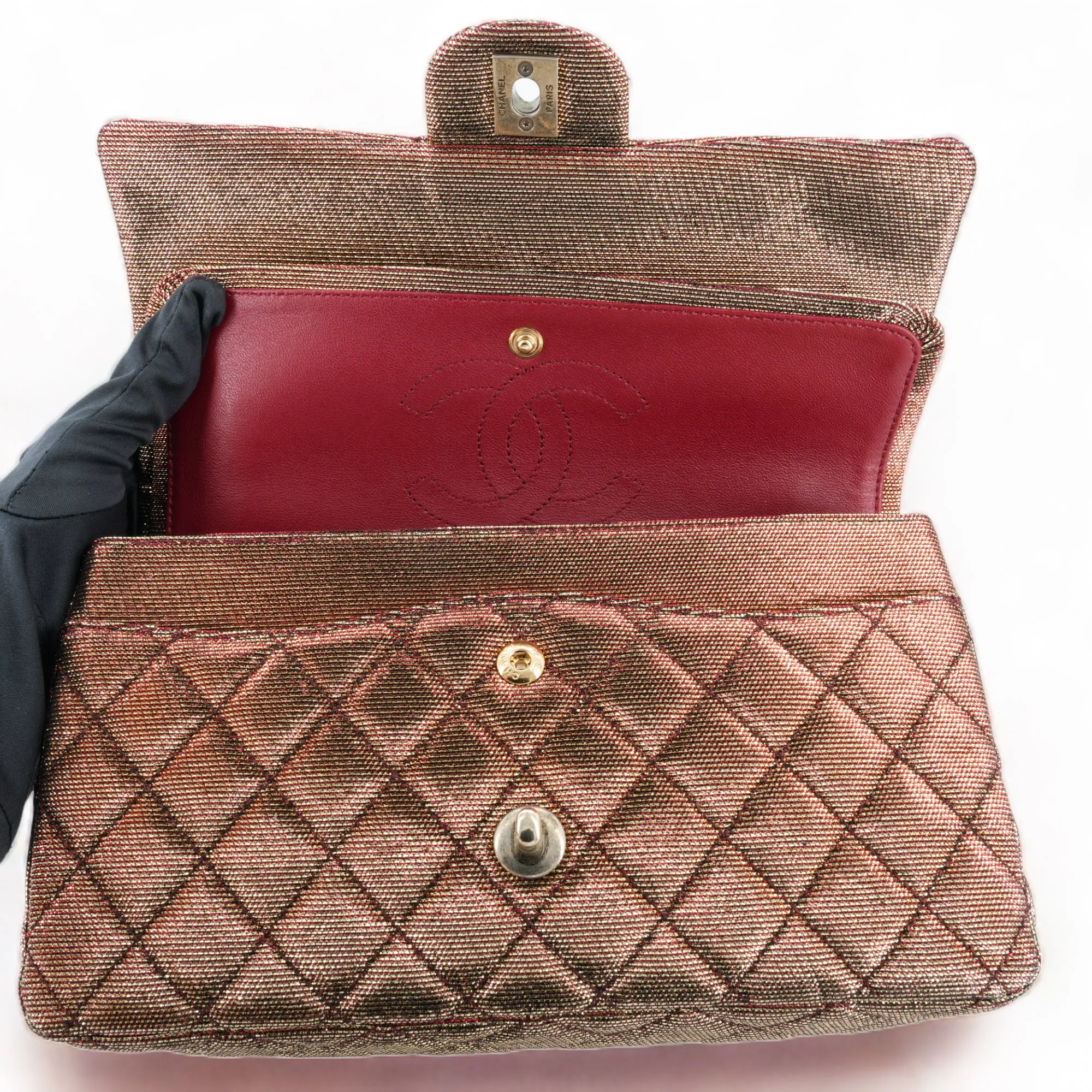 10C Iridescent Bronze Red Tweed Medium Classic Double Flap Bag