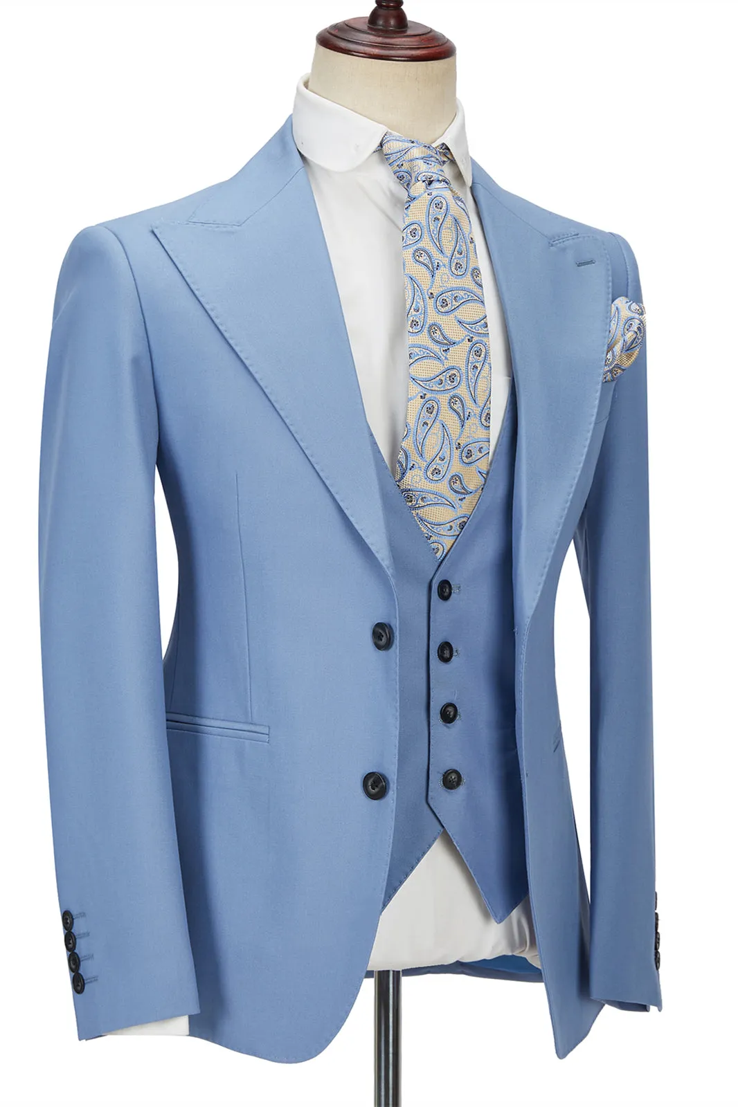 Chic  Blue Peak Lapel Men's Suit 3 Piece Men's Formal Suit without Flap