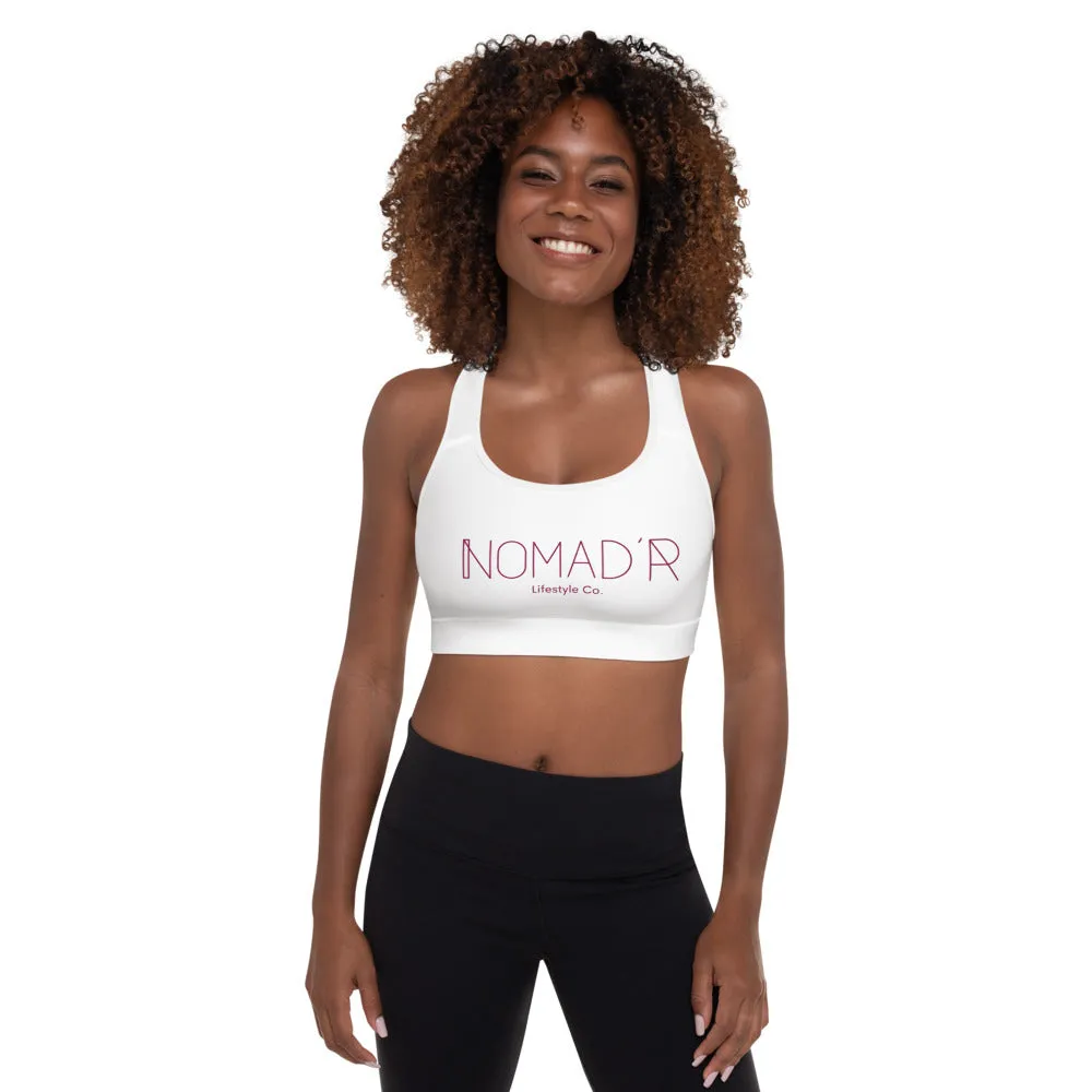 "NOMAD'R- WHITE/BURGUNDY" Padded Sports Bra