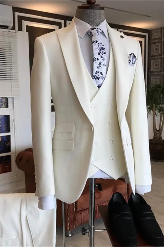 White Three Pieces Peaked Lapel Bespoke Men Suits for Wedding